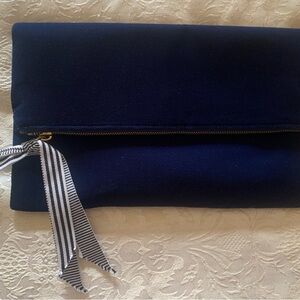 J Crew-NWOT-Velvet Clutch-Navy with striped ribbon accent